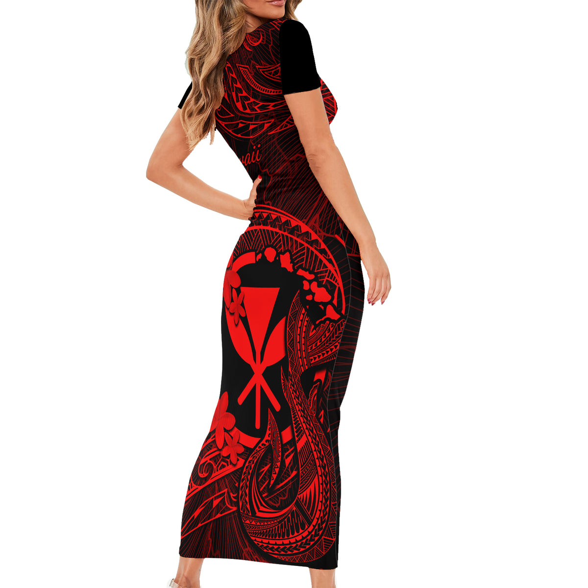 Hawaii Short Sleeve Bodycon Dress Fish Hook Tattoo Mix Polynesian Plumeria Red Version - Wonder Print Shop