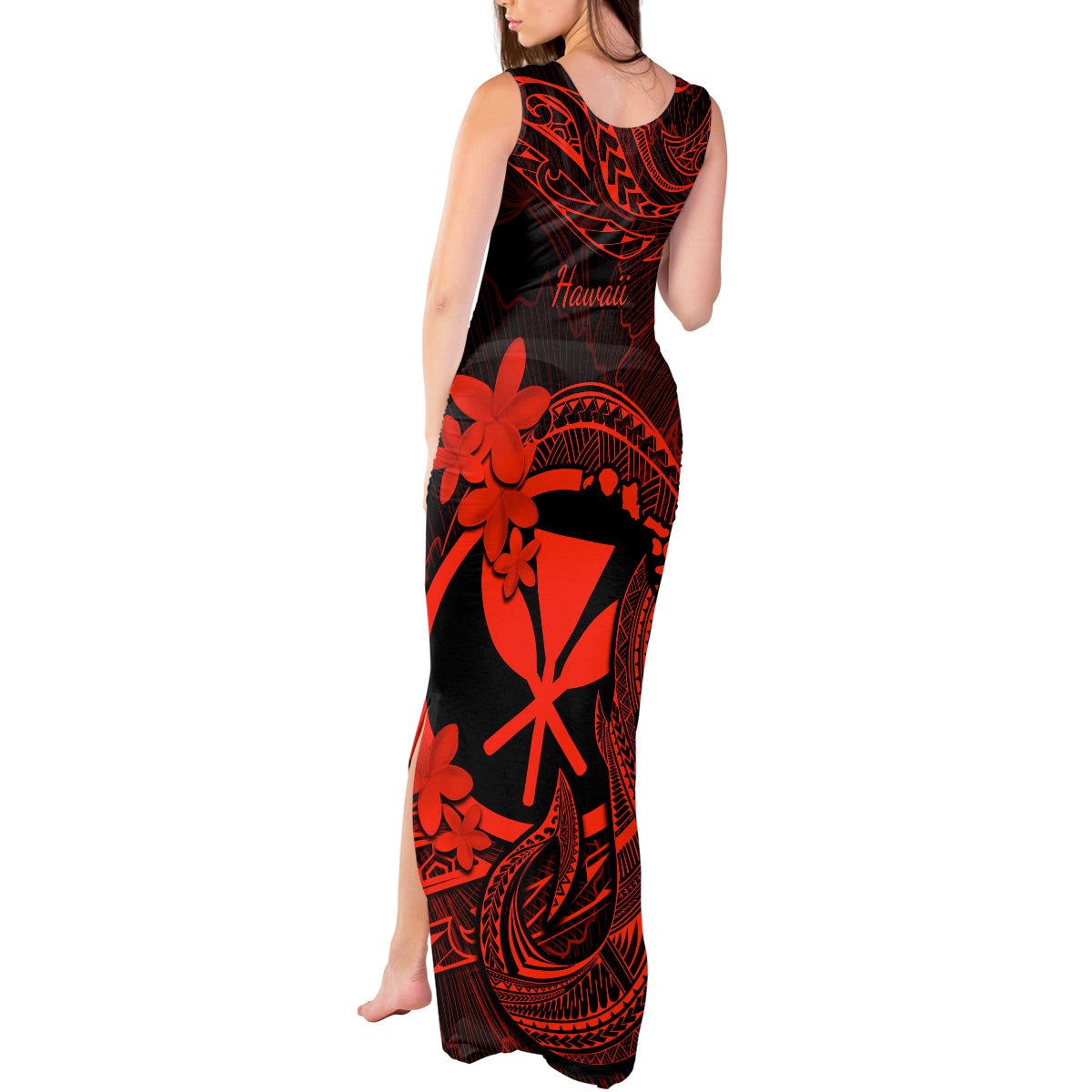 Hawaii Tank Maxi Dress Fish Hook Tattoo Mix Polynesian Plumeria Red Version - Wonder Print Shop