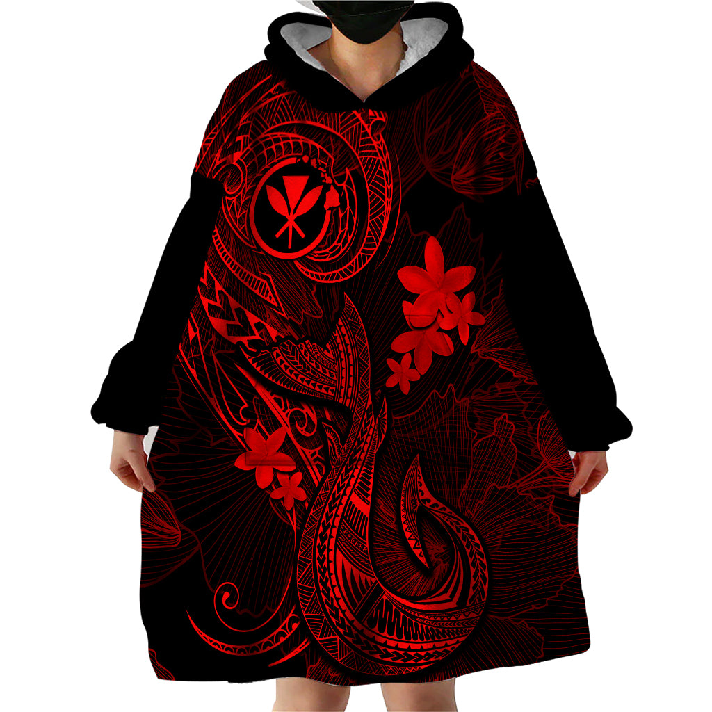 Hawaii Wearable Blanket Hoodie Fish Hook Tattoo Mix Polynesian Plumeria Red Version - Wonder Print Shop
