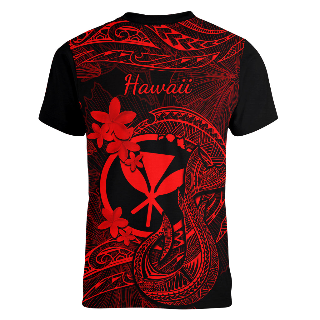 Hawaii Women V Neck T Shirt Fish Hook Tattoo Mix Polynesian Plumeria Red Version - Wonder Print Shop
