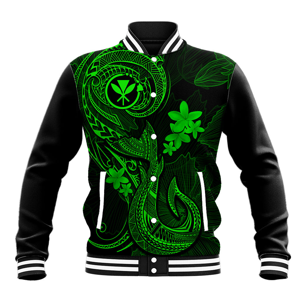 Hawaii Baseball Jacket Fish Hook Tattoo Mix Polynesian Plumeria Green Version - Wonder Print Shop