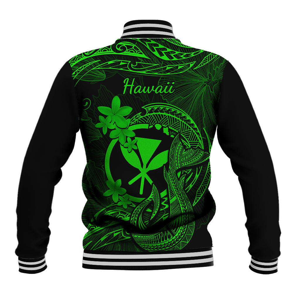Hawaii Baseball Jacket Fish Hook Tattoo Mix Polynesian Plumeria Green Version - Wonder Print Shop