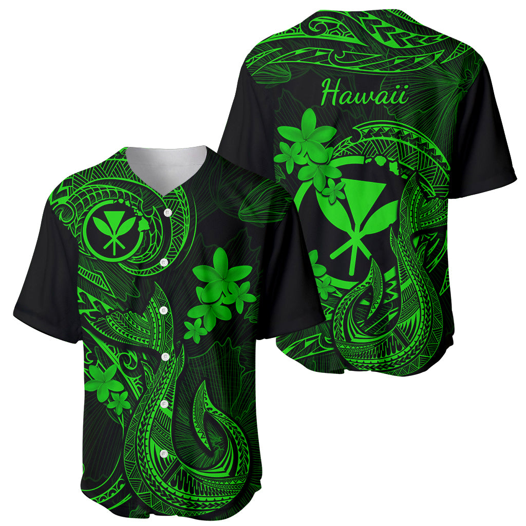 Hawaii Baseball Jersey Fish Hook Tattoo Mix Polynesian Plumeria Green Version - Wonder Print Shop