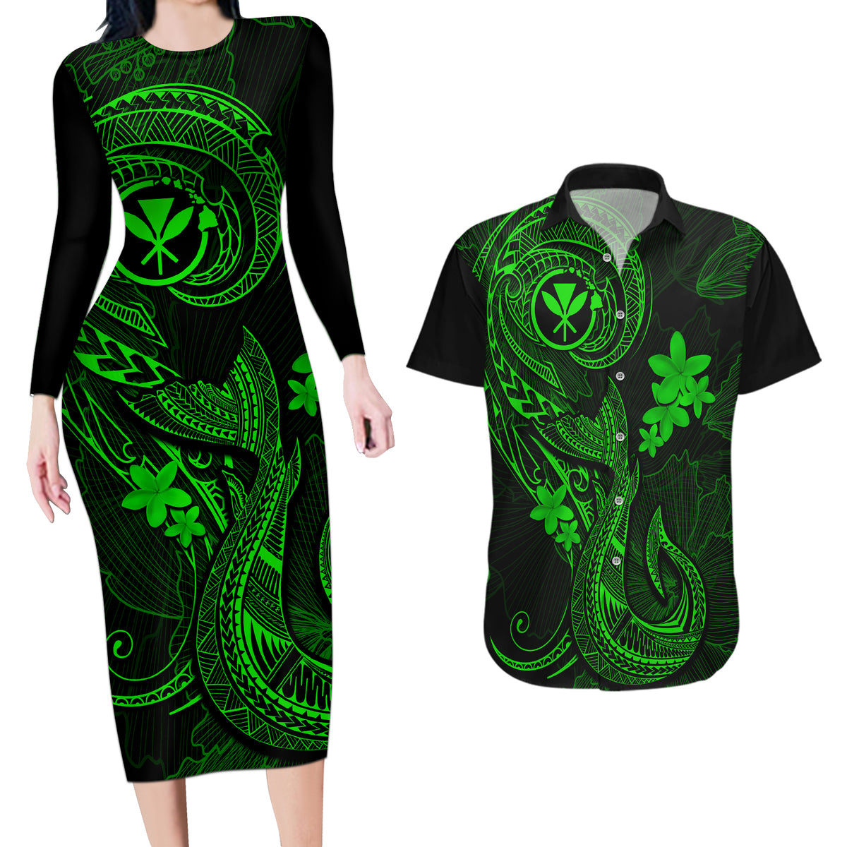 Hawaii Couples Matching Long Sleeve Bodycon Dress and Hawaiian Shirt Fish Hook Tattoo Mix Polynesian Plumeria Green Version - Wonder Print Shop
