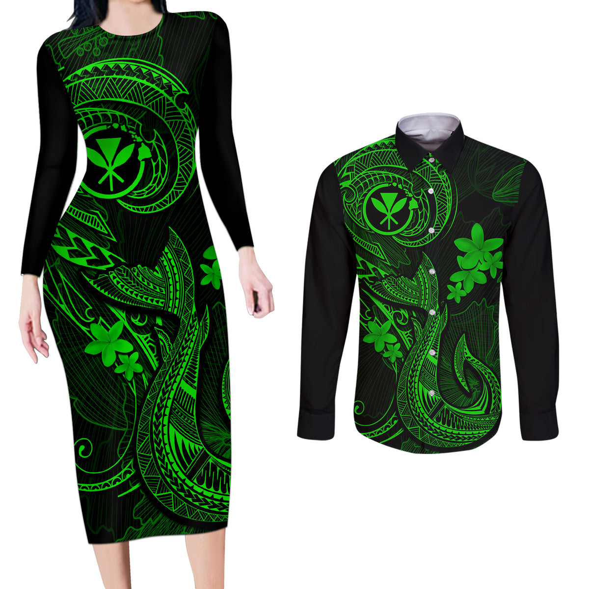 Hawaii Couples Matching Long Sleeve Bodycon Dress and Long Sleeve Button Shirts Fish Hook Tattoo Mix Polynesian Plumeria Green Version - Wonder Print Shop