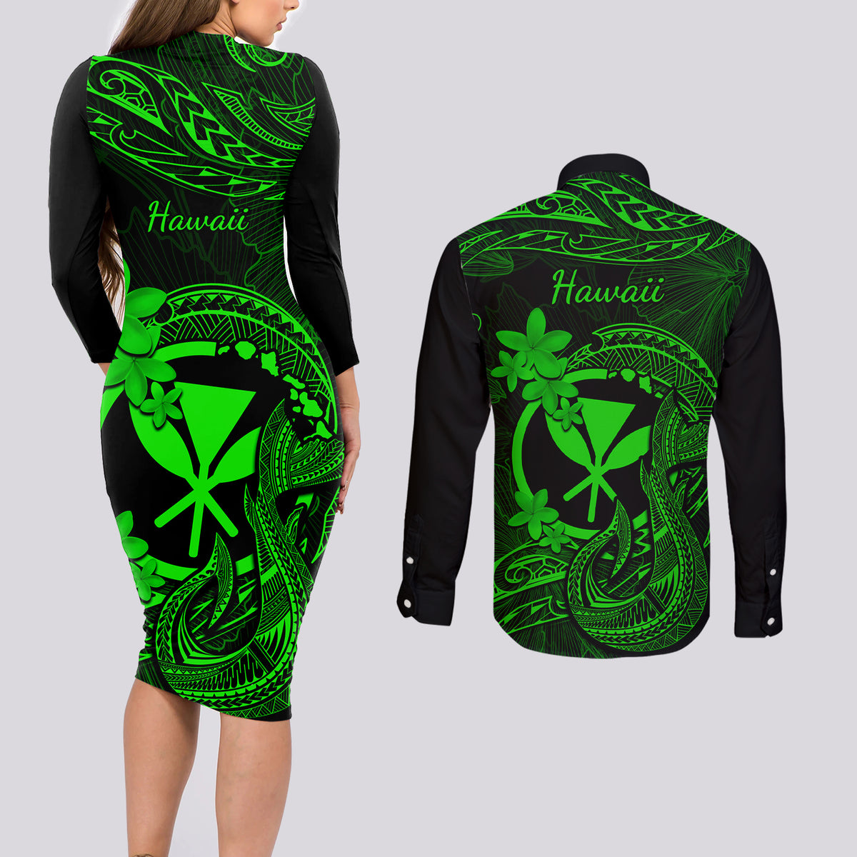 Hawaii Couples Matching Long Sleeve Bodycon Dress and Long Sleeve Button Shirts Fish Hook Tattoo Mix Polynesian Plumeria Green Version - Wonder Print Shop
