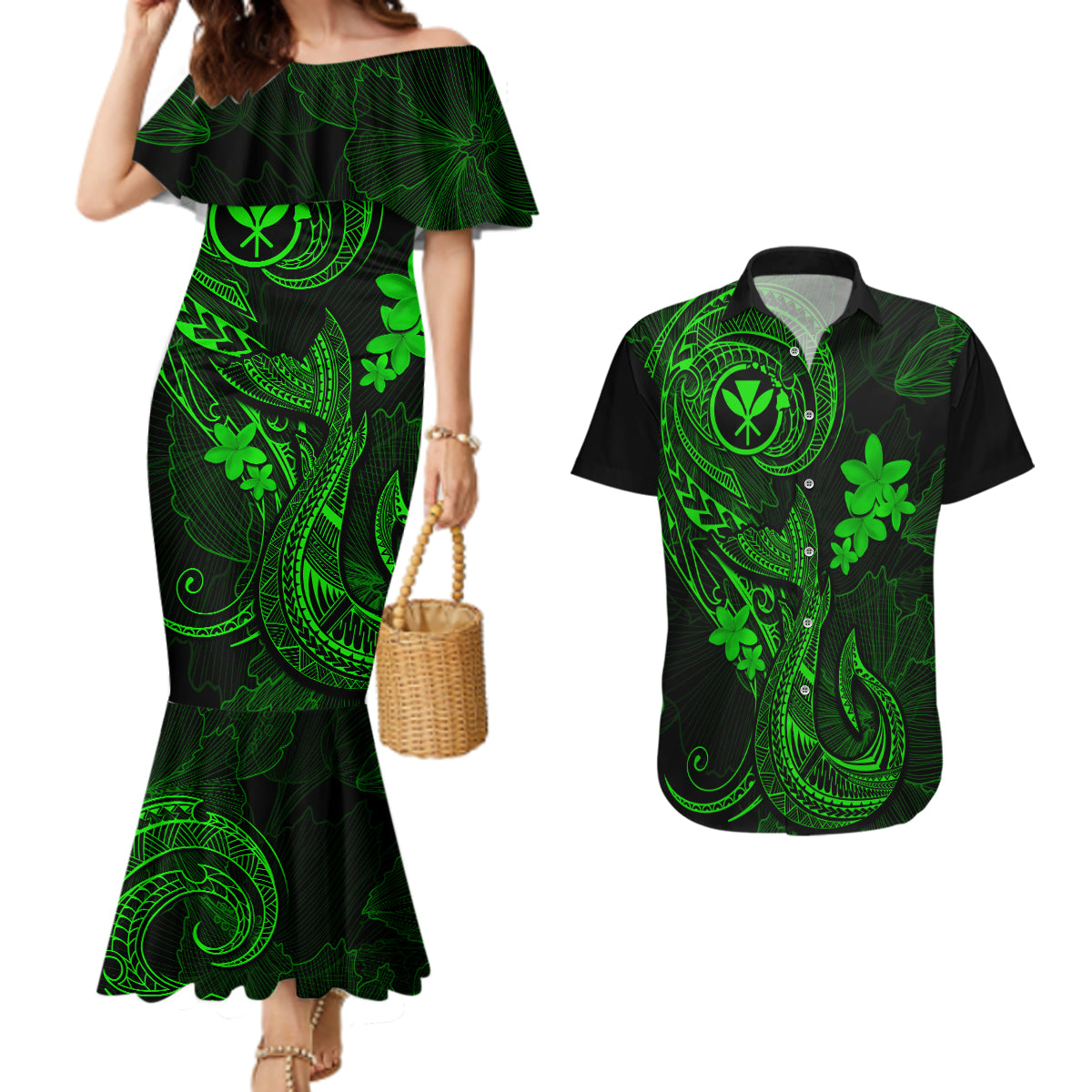 Hawaii Couples Matching Mermaid Dress and Hawaiian Shirt Fish Hook Tattoo Mix Polynesian Plumeria Green Version - Wonder Print Shop