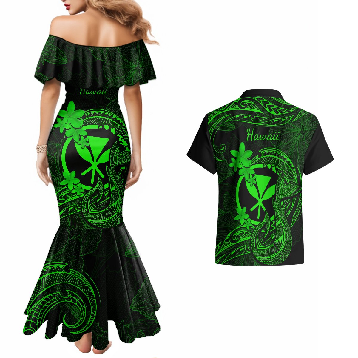 Hawaii Couples Matching Mermaid Dress and Hawaiian Shirt Fish Hook Tattoo Mix Polynesian Plumeria Green Version - Wonder Print Shop