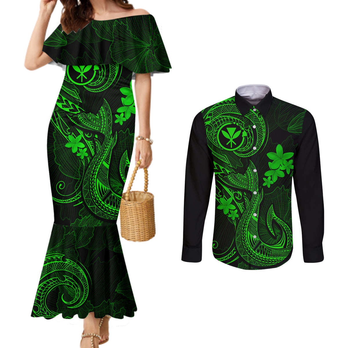 hawaii-couples-matching-mermaid-dress-and-long-sleeve-button-shirts-fish-hook-tattoo-mix-polynesian-plumeria-green-version