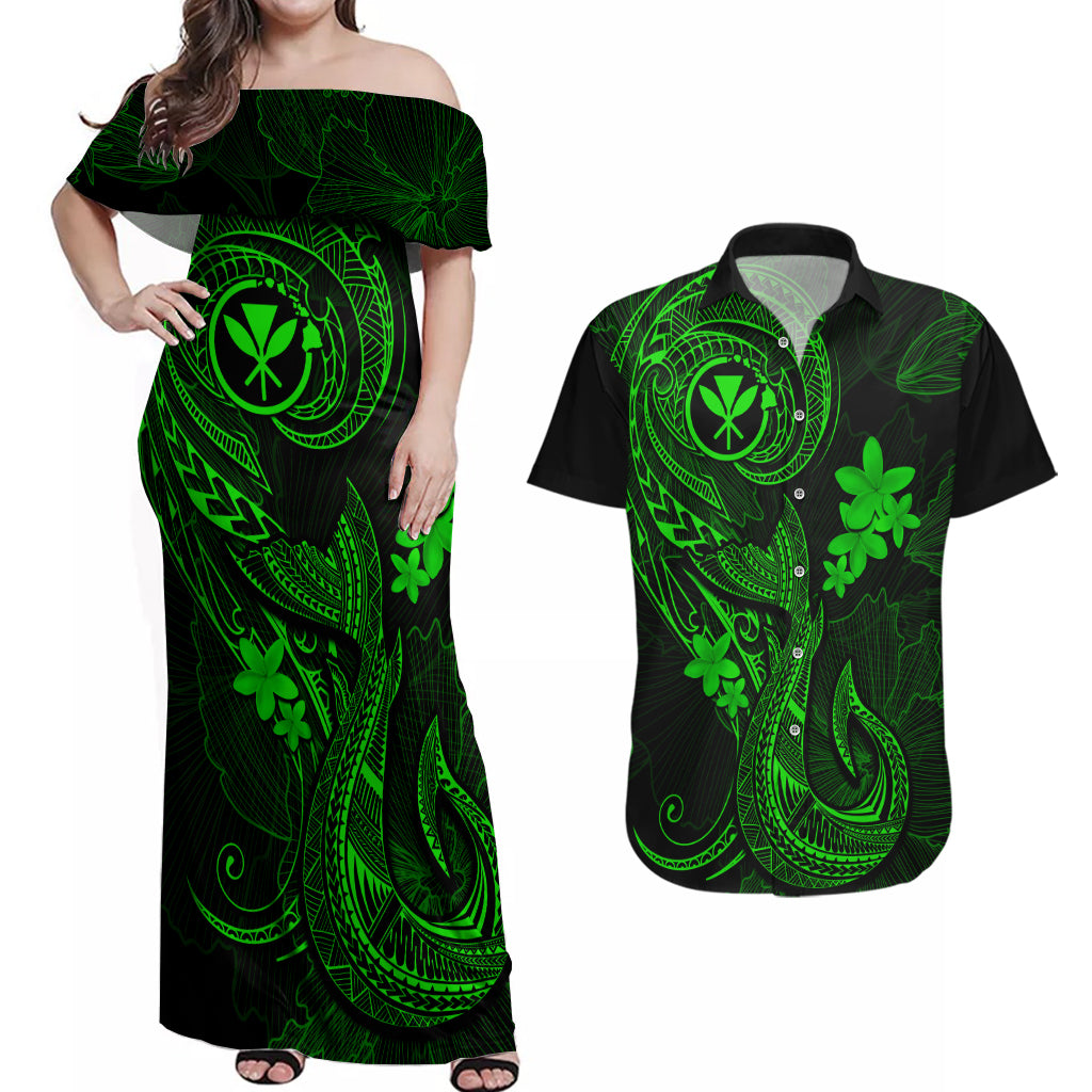 Hawaii Couples Matching Off Shoulder Maxi Dress and Hawaiian Shirt Fish Hook Tattoo Mix Polynesian Plumeria Green Version - Wonder Print Shop