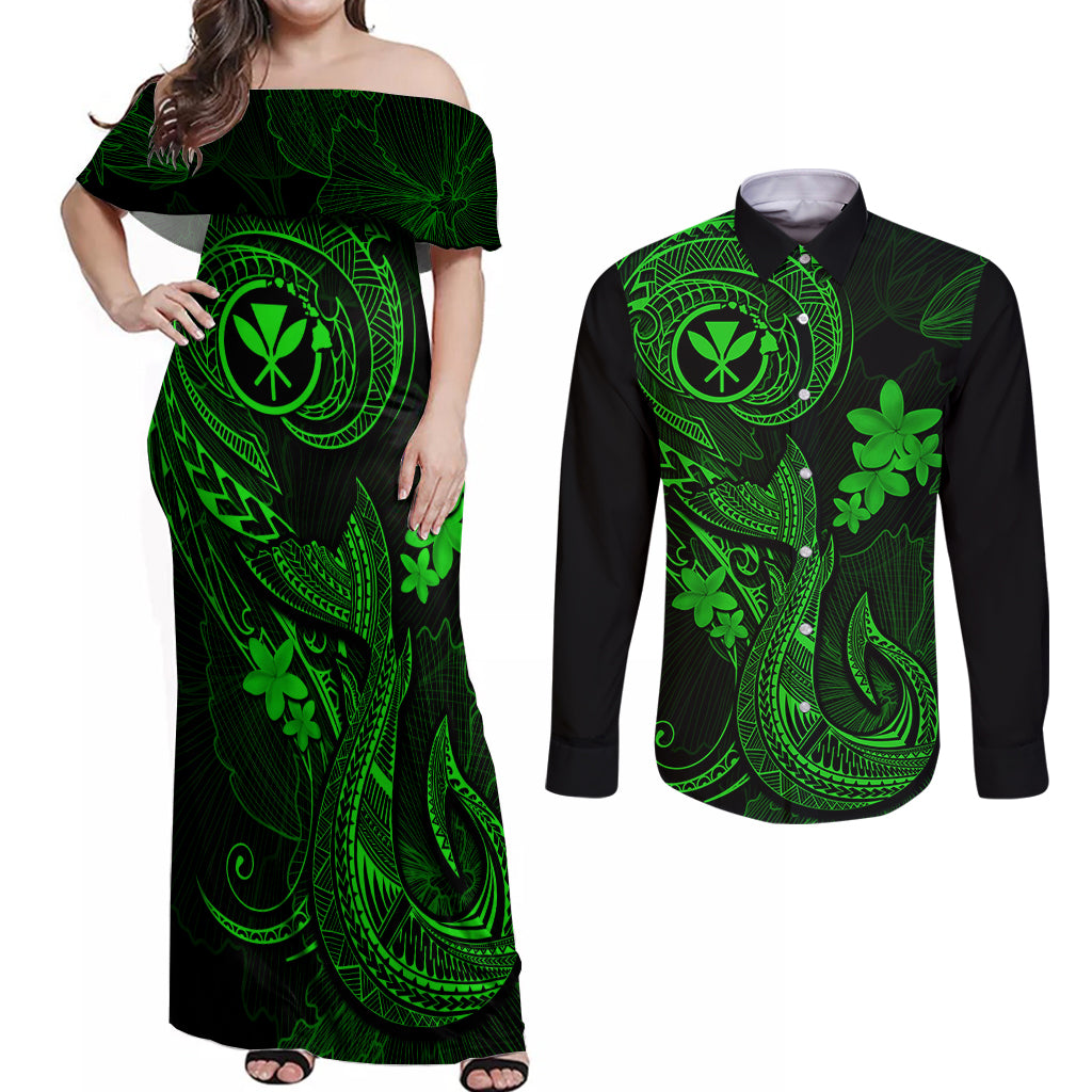 Hawaii Couples Matching Off Shoulder Maxi Dress and Long Sleeve Button Shirts Fish Hook Tattoo Mix Polynesian Plumeria Green Version - Wonder Print Shop