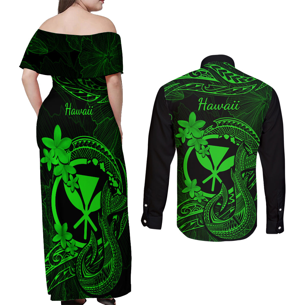 Hawaii Couples Matching Off Shoulder Maxi Dress and Long Sleeve Button Shirts Fish Hook Tattoo Mix Polynesian Plumeria Green Version - Wonder Print Shop
