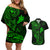 Hawaii Couples Matching Off Shoulder Short Dress and Hawaiian Shirt Fish Hook Tattoo Mix Polynesian Plumeria Green Version - Wonder Print Shop