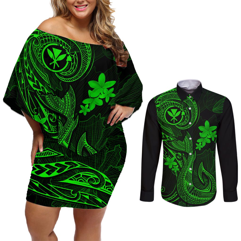 Hawaii Couples Matching Off Shoulder Short Dress and Long Sleeve Button Shirts Fish Hook Tattoo Mix Polynesian Plumeria Green Version - Wonder Print Shop