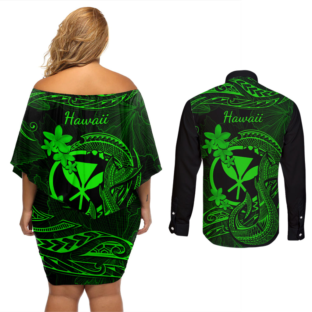 Hawaii Couples Matching Off Shoulder Short Dress and Long Sleeve Button Shirts Fish Hook Tattoo Mix Polynesian Plumeria Green Version - Wonder Print Shop