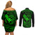 Hawaii Couples Matching Off Shoulder Short Dress and Long Sleeve Button Shirts Fish Hook Tattoo Mix Polynesian Plumeria Green Version - Wonder Print Shop