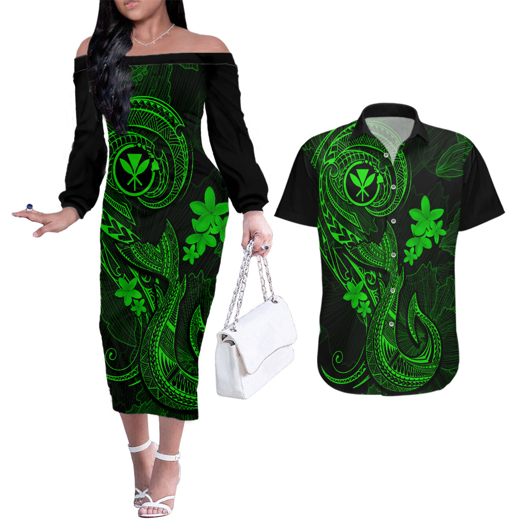 Hawaii Couples Matching Off The Shoulder Long Sleeve Dress and Hawaiian Shirt Fish Hook Tattoo Mix Polynesian Plumeria Green Version - Wonder Print Shop