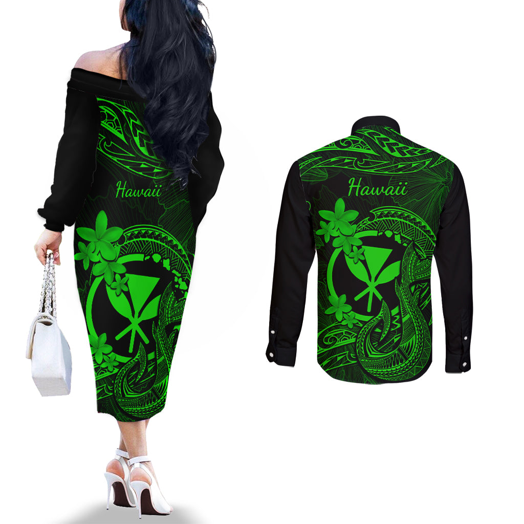hawaii-couples-matching-off-the-shoulder-long-sleeve-dress-and-long-sleeve-button-shirts-fish-hook-tattoo-mix-polynesian-plumeria-green-version