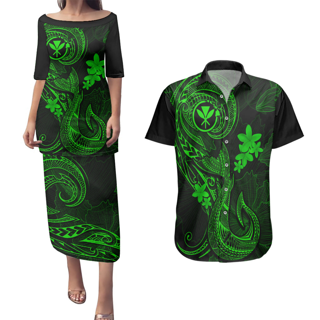 Hawaii Couples Matching Puletasi Dress and Hawaiian Shirt Fish Hook Tattoo Mix Polynesian Plumeria Green Version - Wonder Print Shop