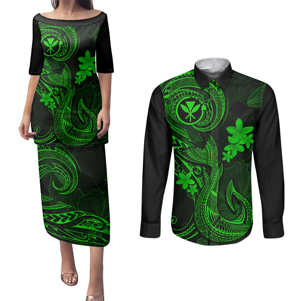 Hawaii Couples Matching Puletasi Dress and Long Sleeve Button Shirts Fish Hook Tattoo Mix Polynesian Plumeria Green Version - Wonder Print Shop