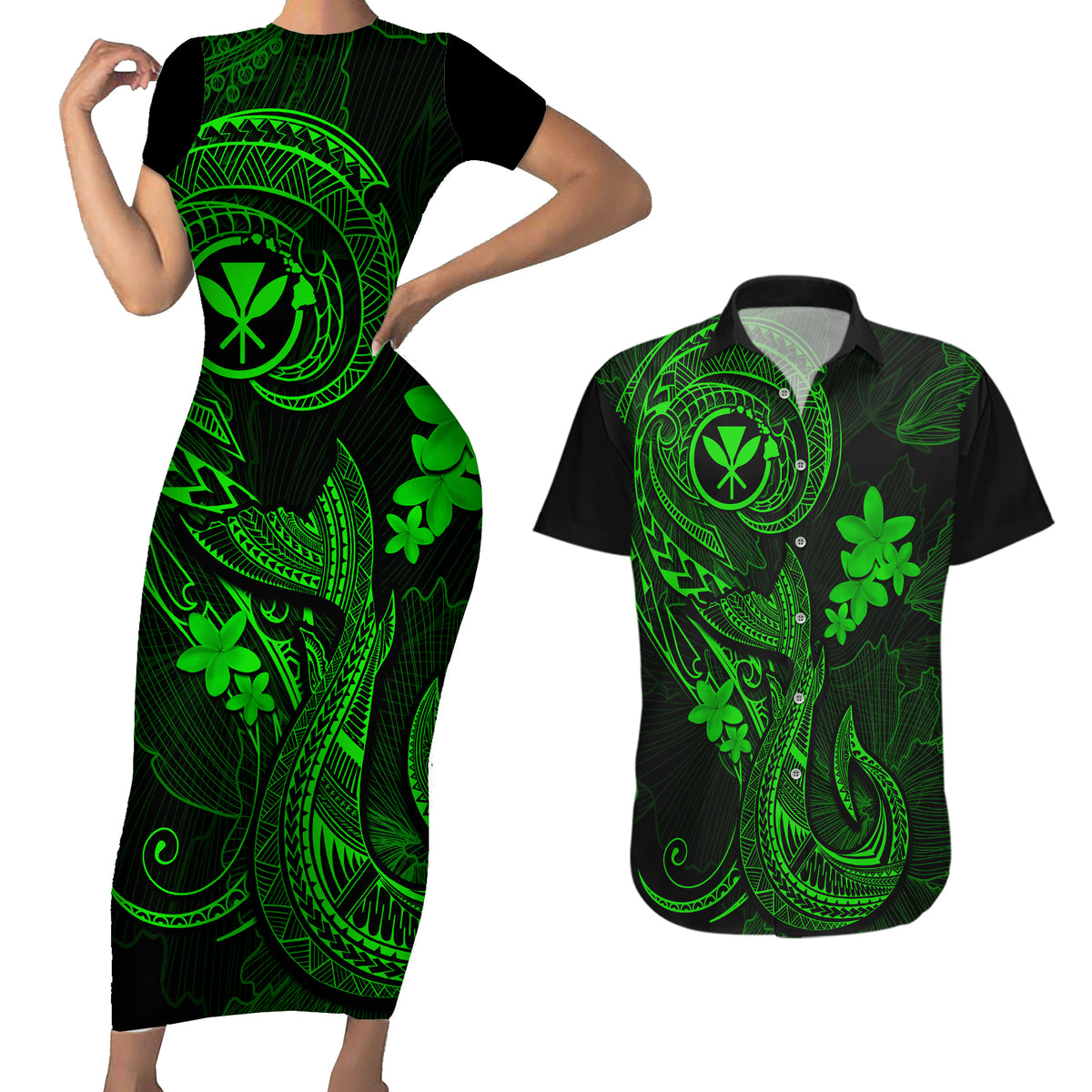 Hawaii Couples Matching Short Sleeve Bodycon Dress and Hawaiian Shirt Fish Hook Tattoo Mix Polynesian Plumeria Green Version - Wonder Print Shop