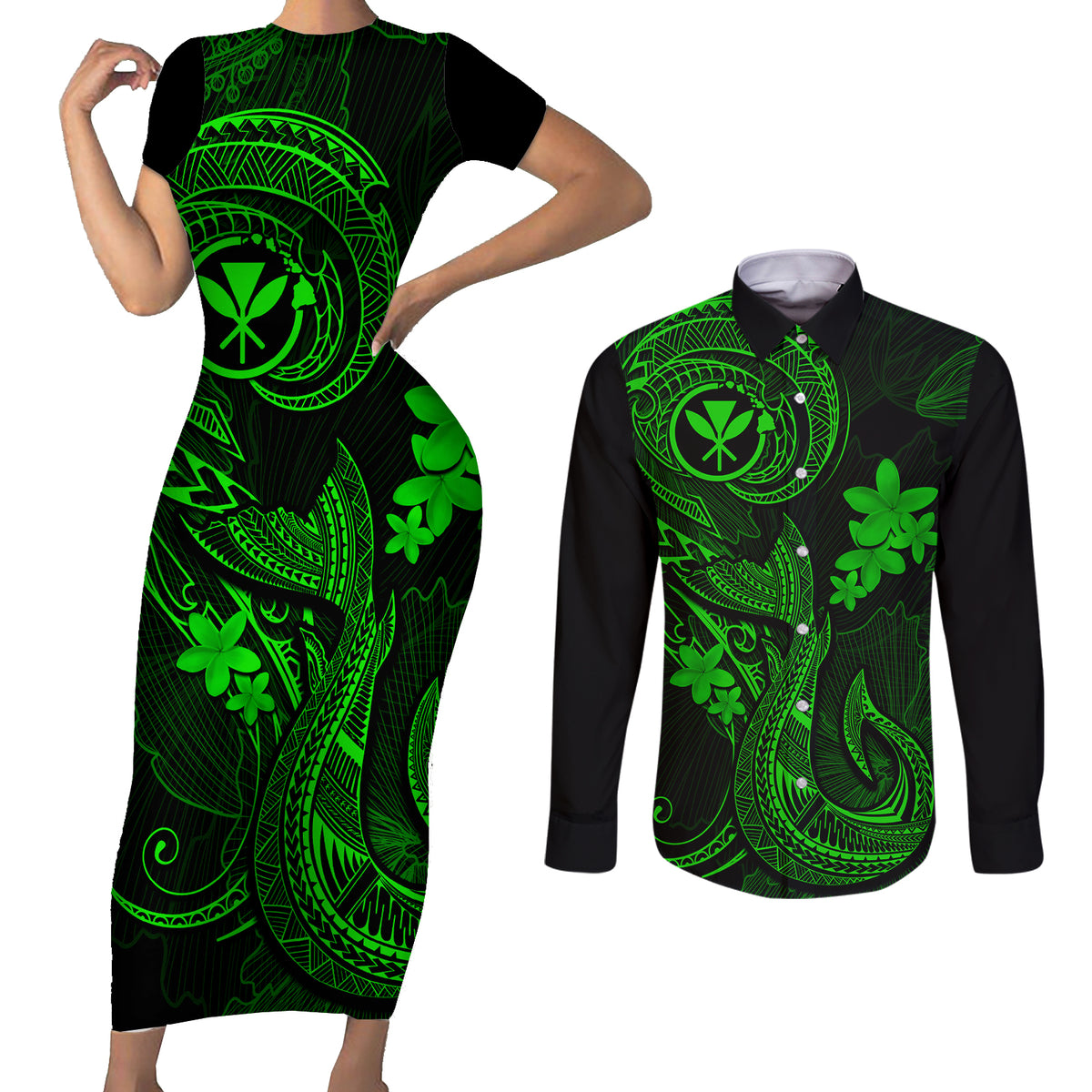 Hawaii Couples Matching Short Sleeve Bodycon Dress and Long Sleeve Button Shirts Fish Hook Tattoo Mix Polynesian Plumeria Green Version - Wonder Print Shop