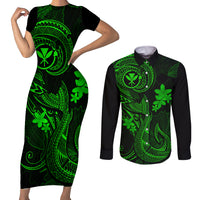 Hawaii Couples Matching Short Sleeve Bodycon Dress and Long Sleeve Button Shirts Fish Hook Tattoo Mix Polynesian Plumeria Green Version - Wonder Print Shop