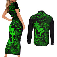 Hawaii Couples Matching Short Sleeve Bodycon Dress and Long Sleeve Button Shirts Fish Hook Tattoo Mix Polynesian Plumeria Green Version - Wonder Print Shop