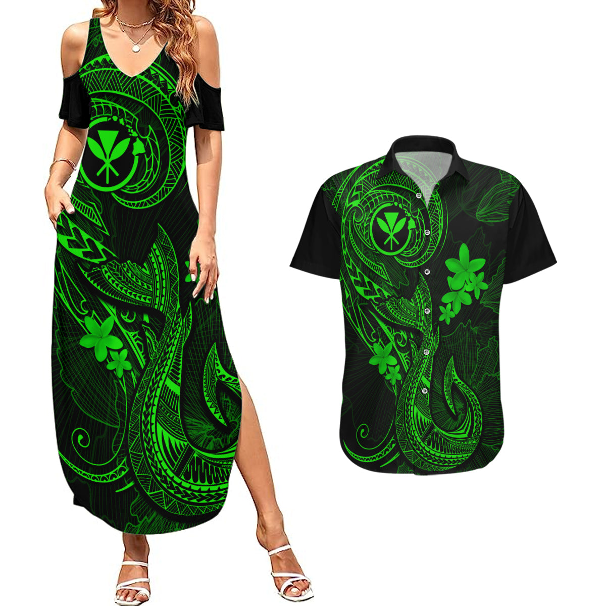 Hawaii Couples Matching Summer Maxi Dress and Hawaiian Shirt Fish Hook Tattoo Mix Polynesian Plumeria Green Version - Wonder Print Shop