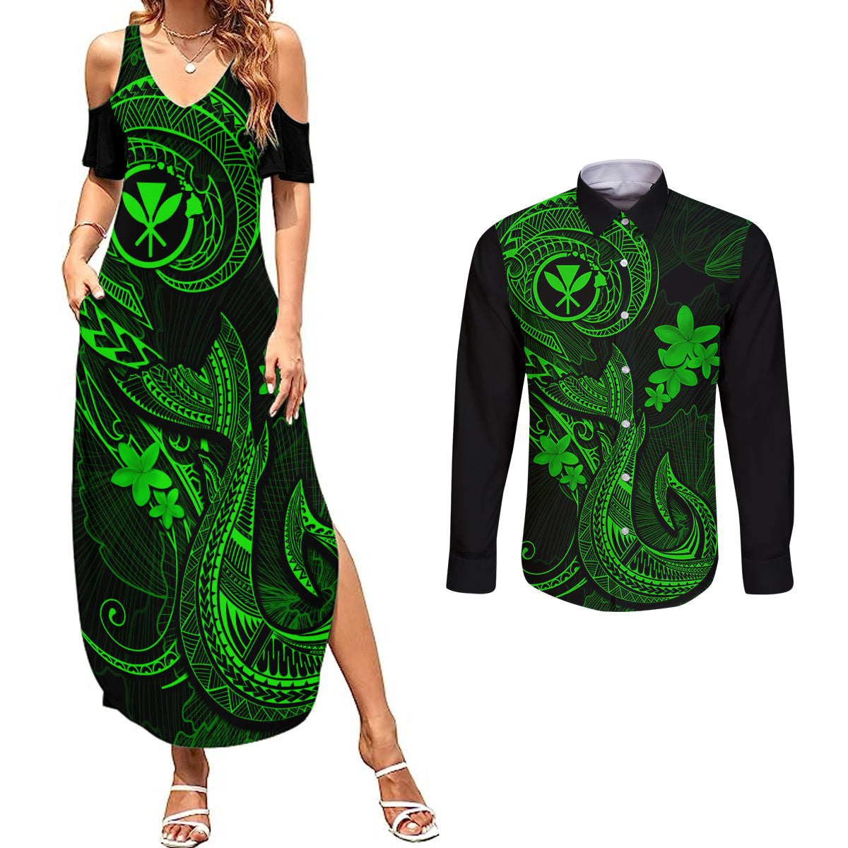 Hawaii Couples Matching Summer Maxi Dress and Long Sleeve Button Shirts Fish Hook Tattoo Mix Polynesian Plumeria Green Version - Wonder Print Shop