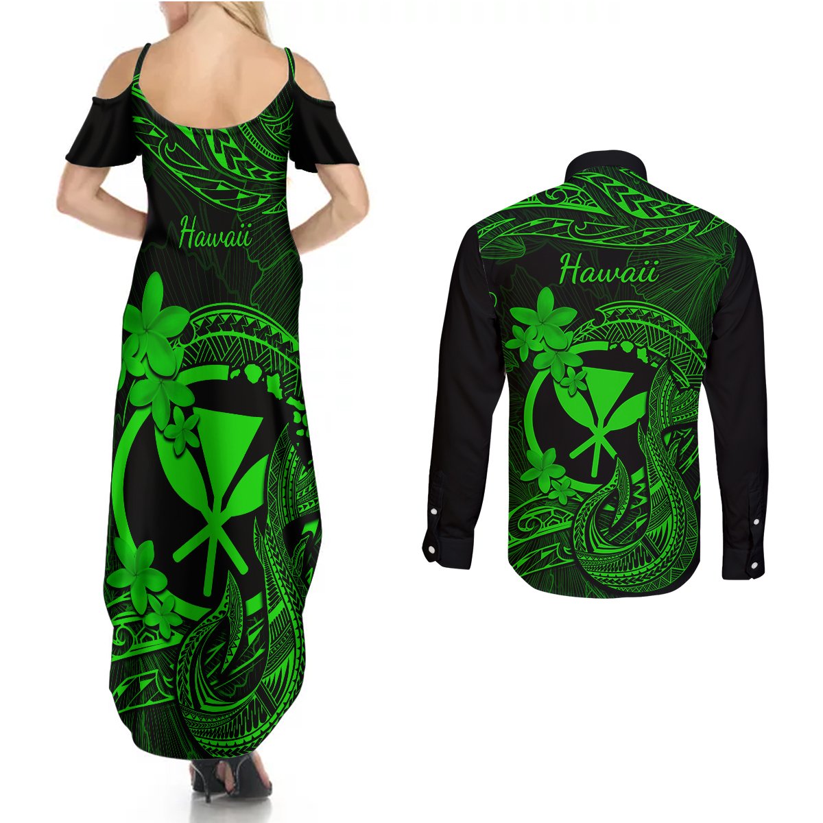 Hawaii Couples Matching Summer Maxi Dress and Long Sleeve Button Shirts Fish Hook Tattoo Mix Polynesian Plumeria Green Version - Wonder Print Shop