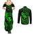 Hawaii Couples Matching Summer Maxi Dress and Long Sleeve Button Shirts Fish Hook Tattoo Mix Polynesian Plumeria Green Version - Wonder Print Shop