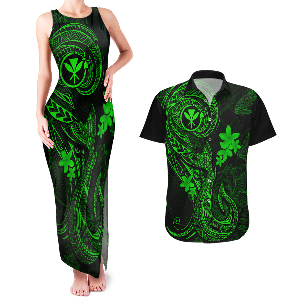 Hawaii Couples Matching Tank Maxi Dress and Hawaiian Shirt Fish Hook Tattoo Mix Polynesian Plumeria Green Version - Wonder Print Shop
