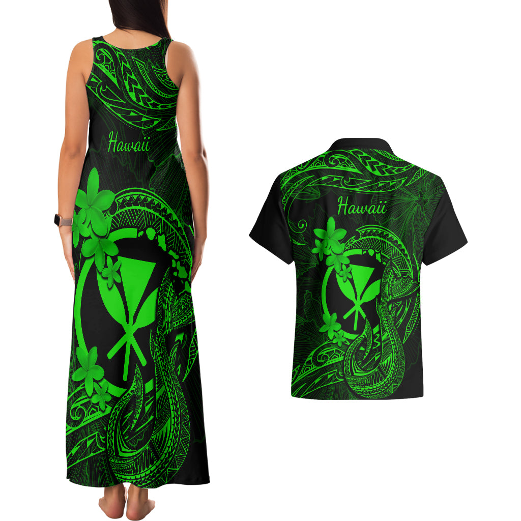 Hawaii Couples Matching Tank Maxi Dress and Hawaiian Shirt Fish Hook Tattoo Mix Polynesian Plumeria Green Version - Wonder Print Shop