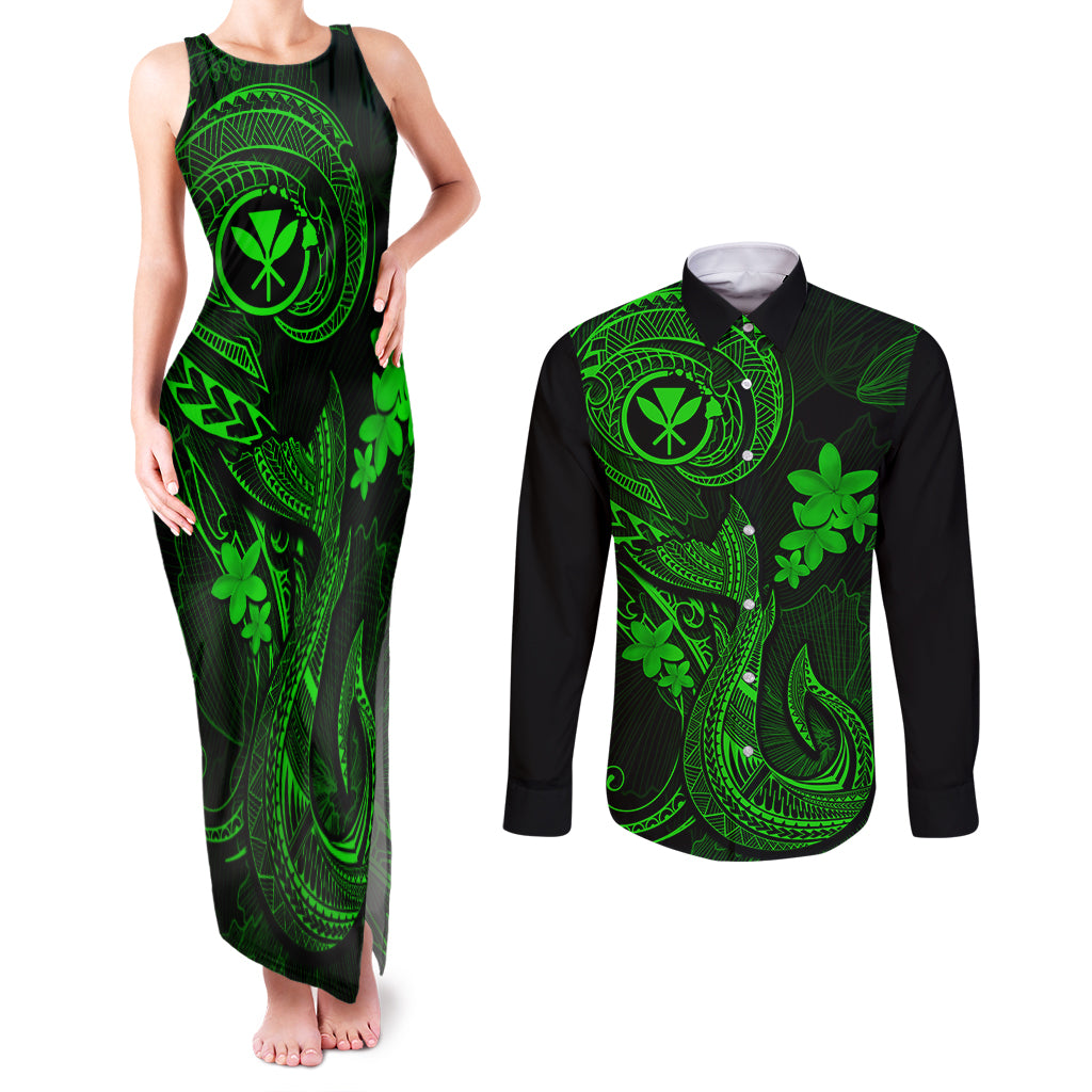 Hawaii Couples Matching Tank Maxi Dress and Long Sleeve Button Shirts Fish Hook Tattoo Mix Polynesian Plumeria Green Version - Wonder Print Shop