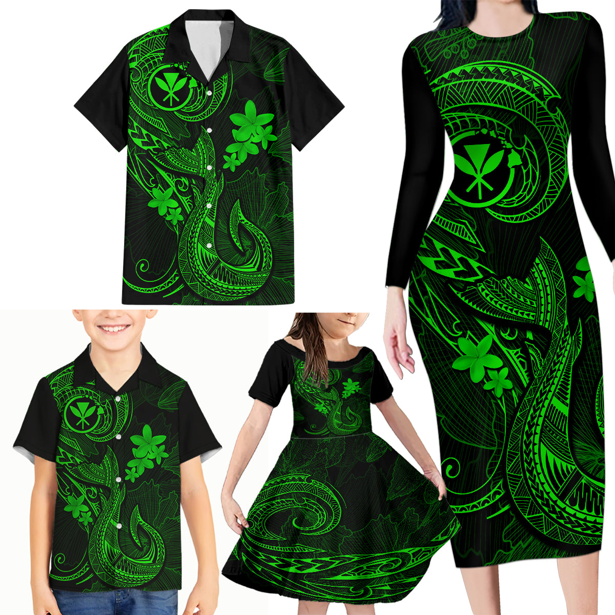 Hawaii Family Matching Long Sleeve Bodycon Dress and Hawaiian Shirt Fish Hook Tattoo Mix Polynesian Plumeria Green Version - Wonder Print Shop