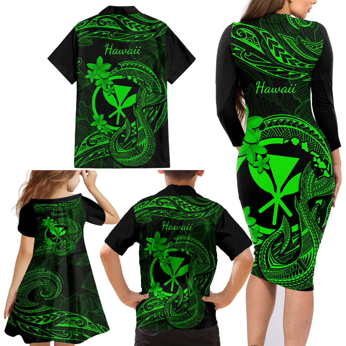 Hawaii Family Matching Long Sleeve Bodycon Dress and Hawaiian Shirt Fish Hook Tattoo Mix Polynesian Plumeria Green Version - Wonder Print Shop