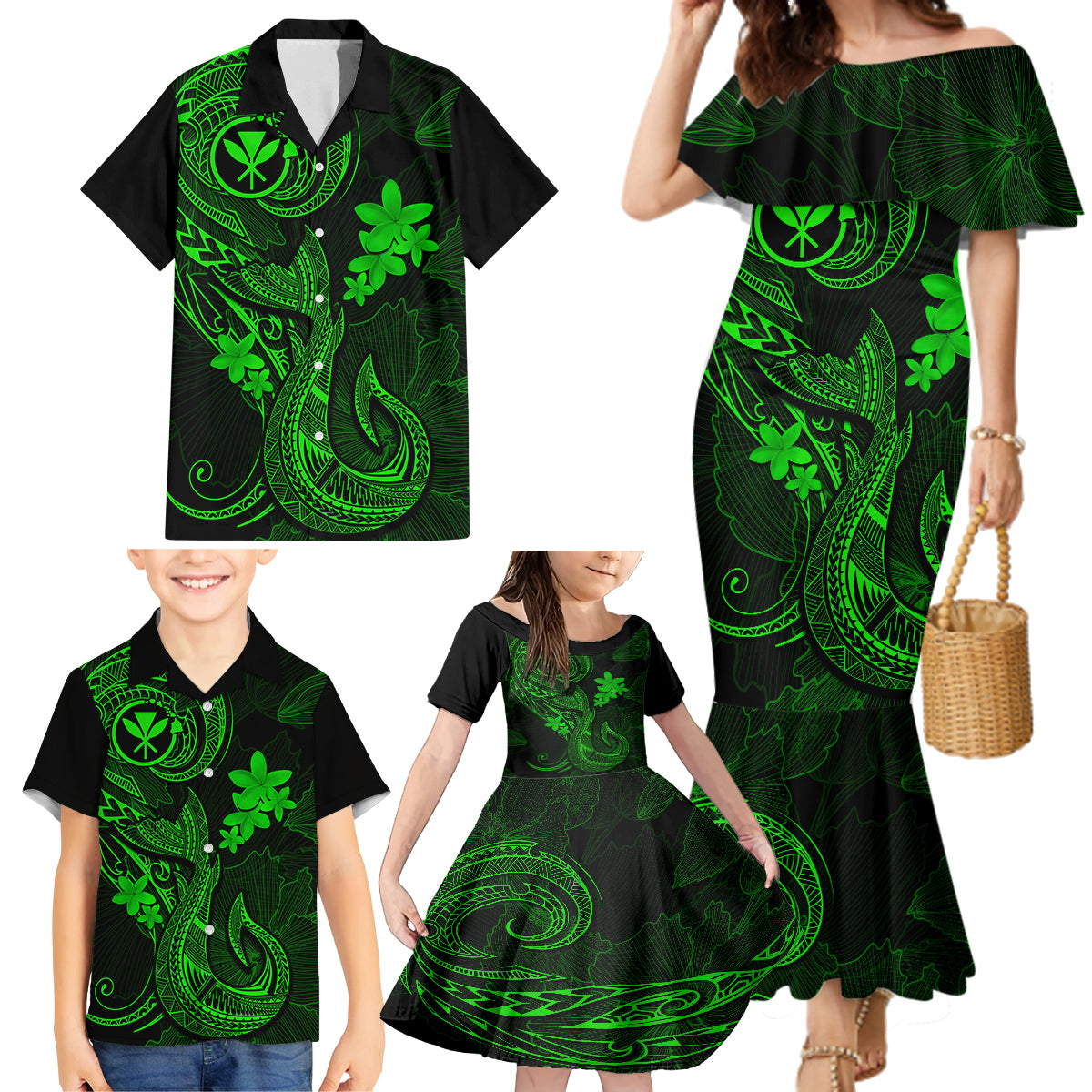 Hawaii Family Matching Mermaid Dress and Hawaiian Shirt Fish Hook Tattoo Mix Polynesian Plumeria Green Version - Wonder Print Shop