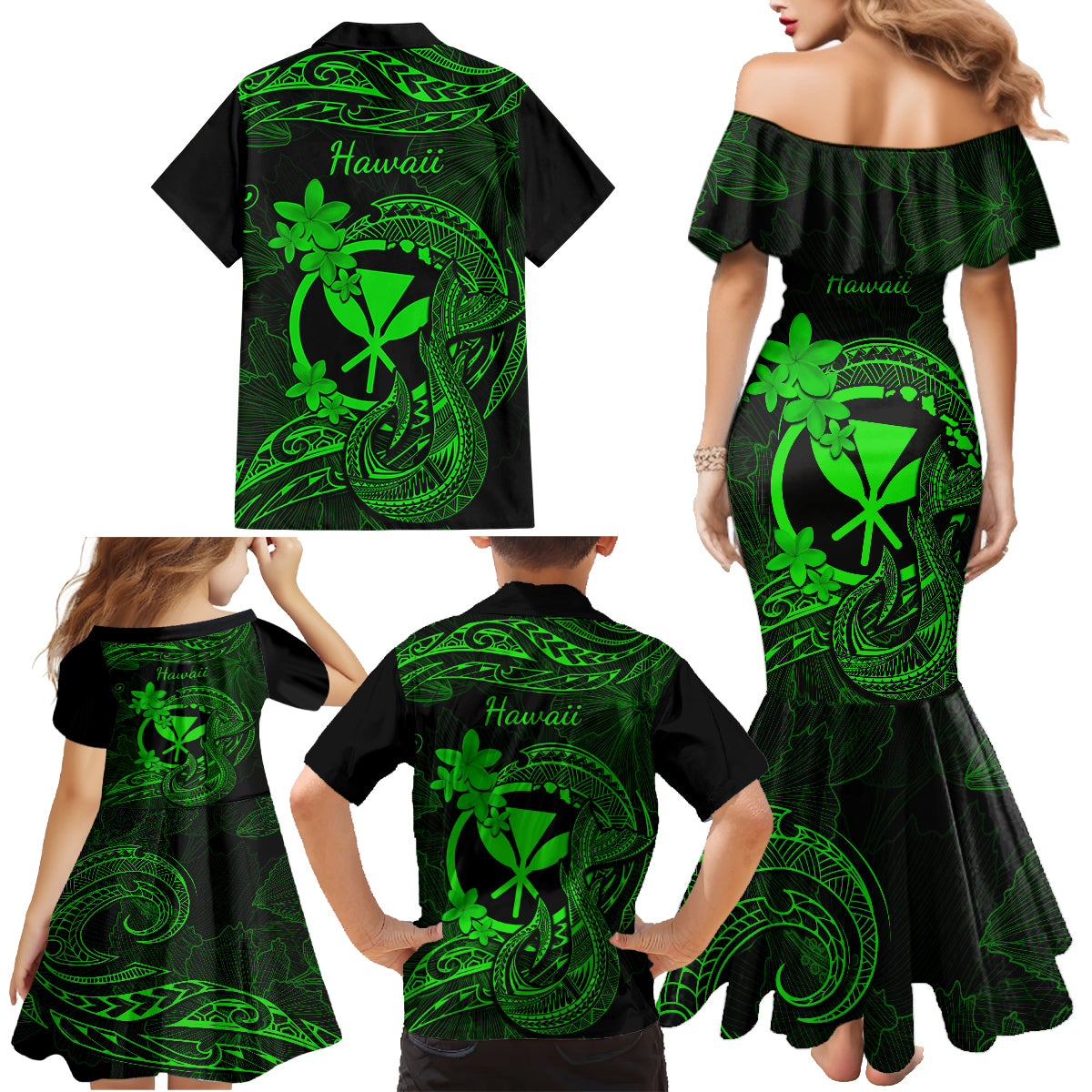 Hawaii Family Matching Mermaid Dress and Hawaiian Shirt Fish Hook Tattoo Mix Polynesian Plumeria Green Version - Wonder Print Shop