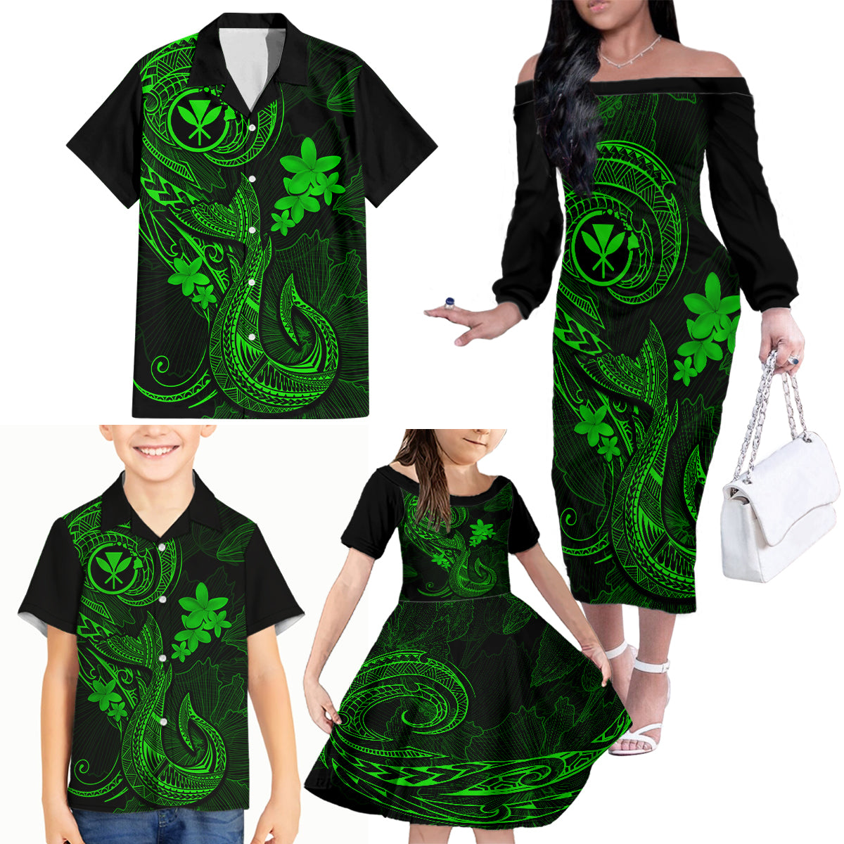 Hawaii Family Matching Off Shoulder Long Sleeve Dress and Hawaiian Shirt Fish Hook Tattoo Mix Polynesian Plumeria Green Version - Wonder Print Shop