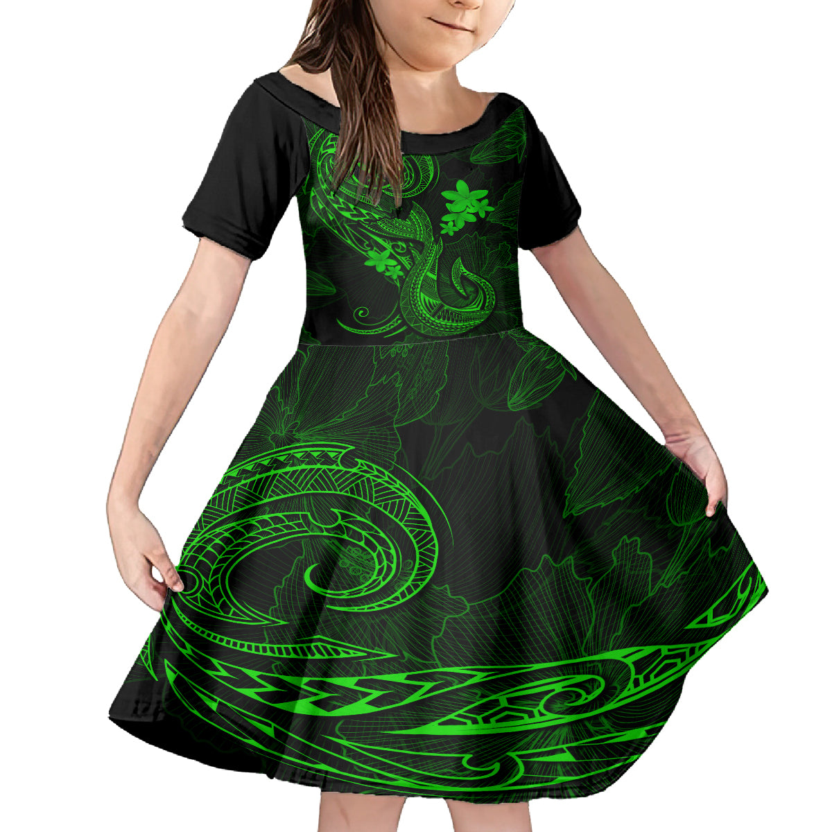 Hawaii Family Matching Off Shoulder Maxi Dress and Hawaiian Shirt Fish Hook Tattoo Mix Polynesian Plumeria Green Version - Wonder Print Shop