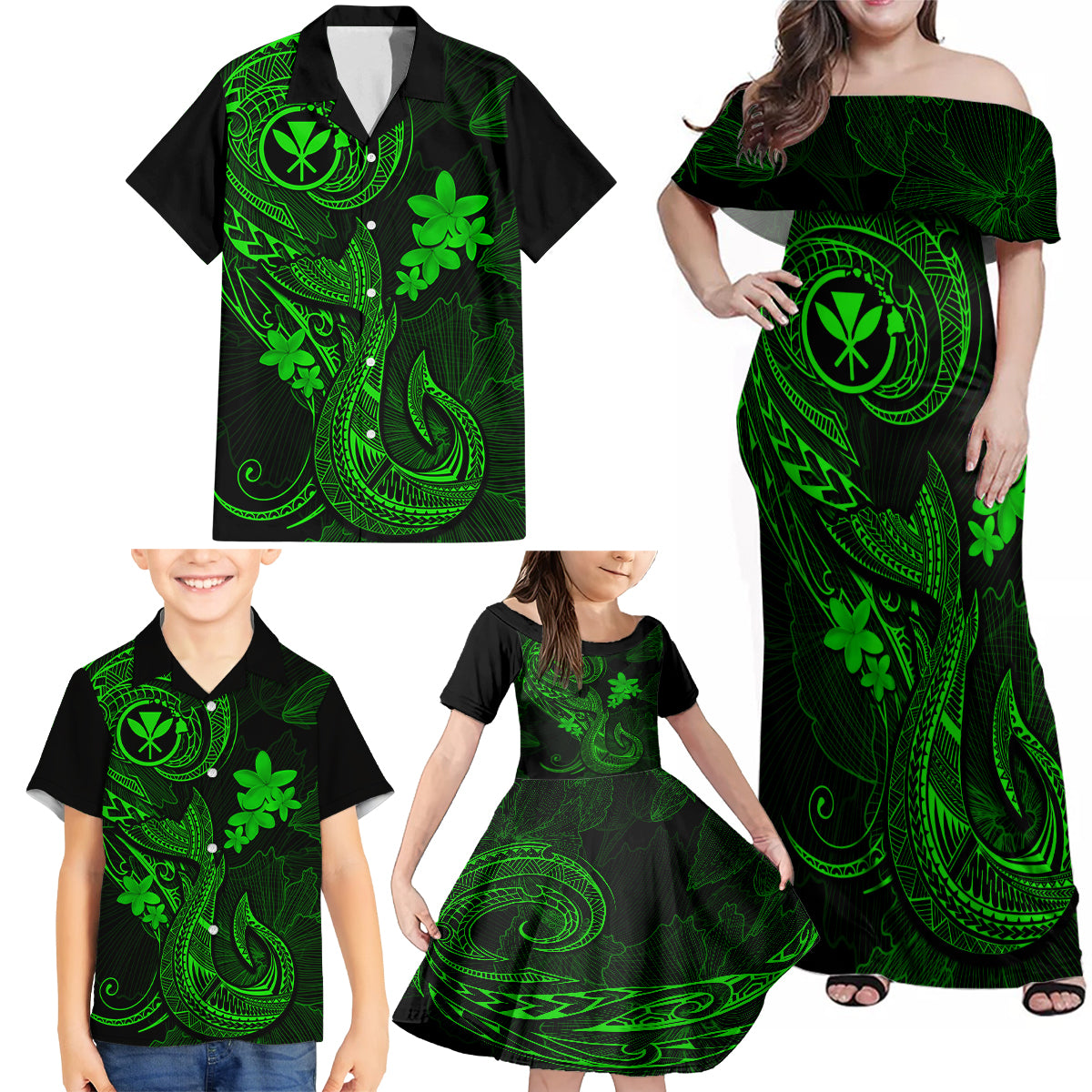 Hawaii Family Matching Off Shoulder Maxi Dress and Hawaiian Shirt Fish Hook Tattoo Mix Polynesian Plumeria Green Version - Wonder Print Shop