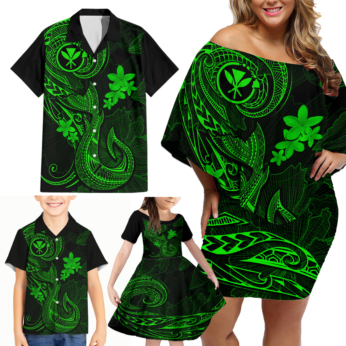 Hawaii Family Matching Off Shoulder Short Dress and Hawaiian Shirt Fish Hook Tattoo Mix Polynesian Plumeria Green Version - Wonder Print Shop