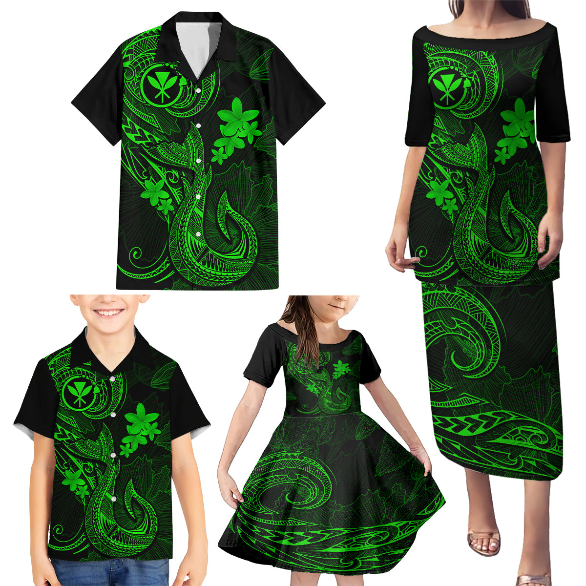 Hawaii Family Matching Puletasi Dress and Hawaiian Shirt Fish Hook Tattoo Mix Polynesian Plumeria Green Version - Wonder Print Shop