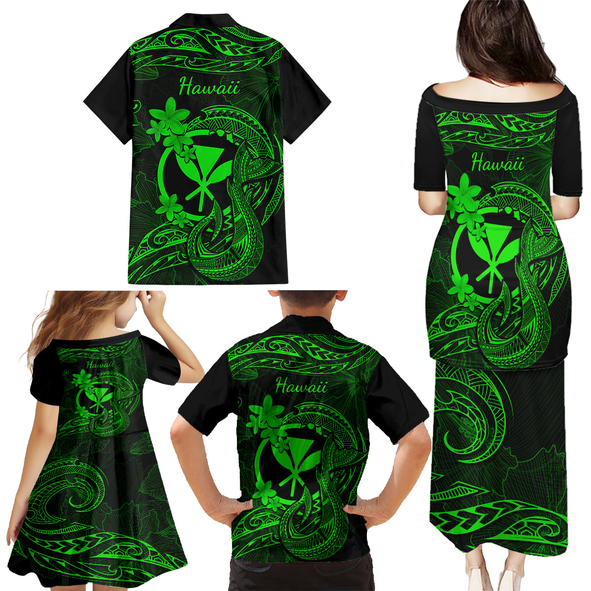 Hawaii Family Matching Puletasi Dress and Hawaiian Shirt Fish Hook Tattoo Mix Polynesian Plumeria Green Version - Wonder Print Shop