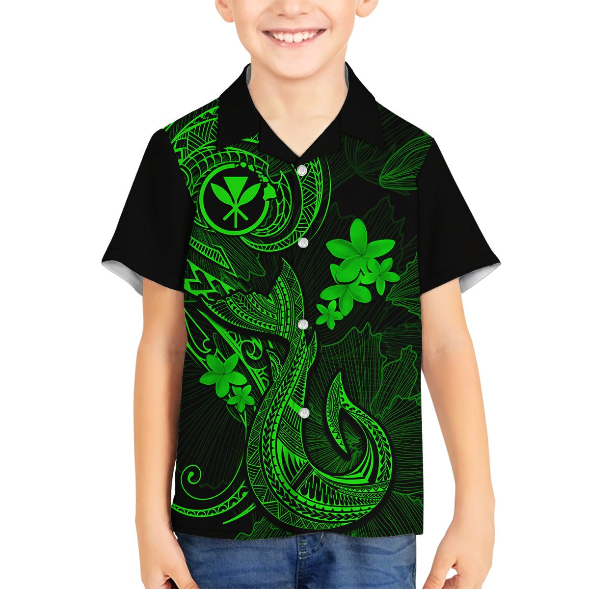 Hawaii Family Matching Puletasi Dress and Hawaiian Shirt Fish Hook Tattoo Mix Polynesian Plumeria Green Version - Wonder Print Shop
