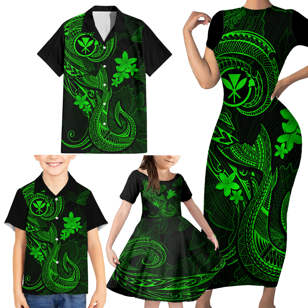 Hawaii Family Matching Short Sleeve Bodycon Dress and Hawaiian Shirt Fish Hook Tattoo Mix Polynesian Plumeria Green Version - Wonder Print Shop
