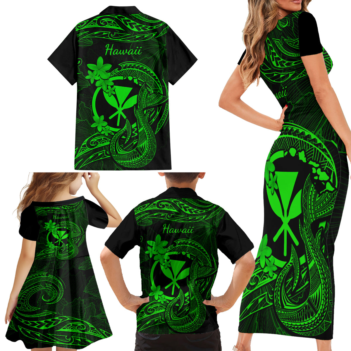 Hawaii Family Matching Short Sleeve Bodycon Dress and Hawaiian Shirt Fish Hook Tattoo Mix Polynesian Plumeria Green Version - Wonder Print Shop