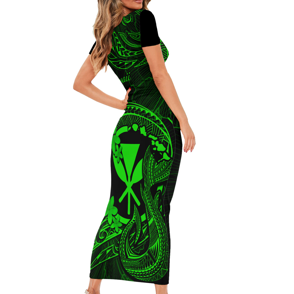 Hawaii Family Matching Short Sleeve Bodycon Dress and Hawaiian Shirt Fish Hook Tattoo Mix Polynesian Plumeria Green Version - Wonder Print Shop