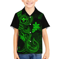 Hawaii Family Matching Short Sleeve Bodycon Dress and Hawaiian Shirt Fish Hook Tattoo Mix Polynesian Plumeria Green Version - Wonder Print Shop